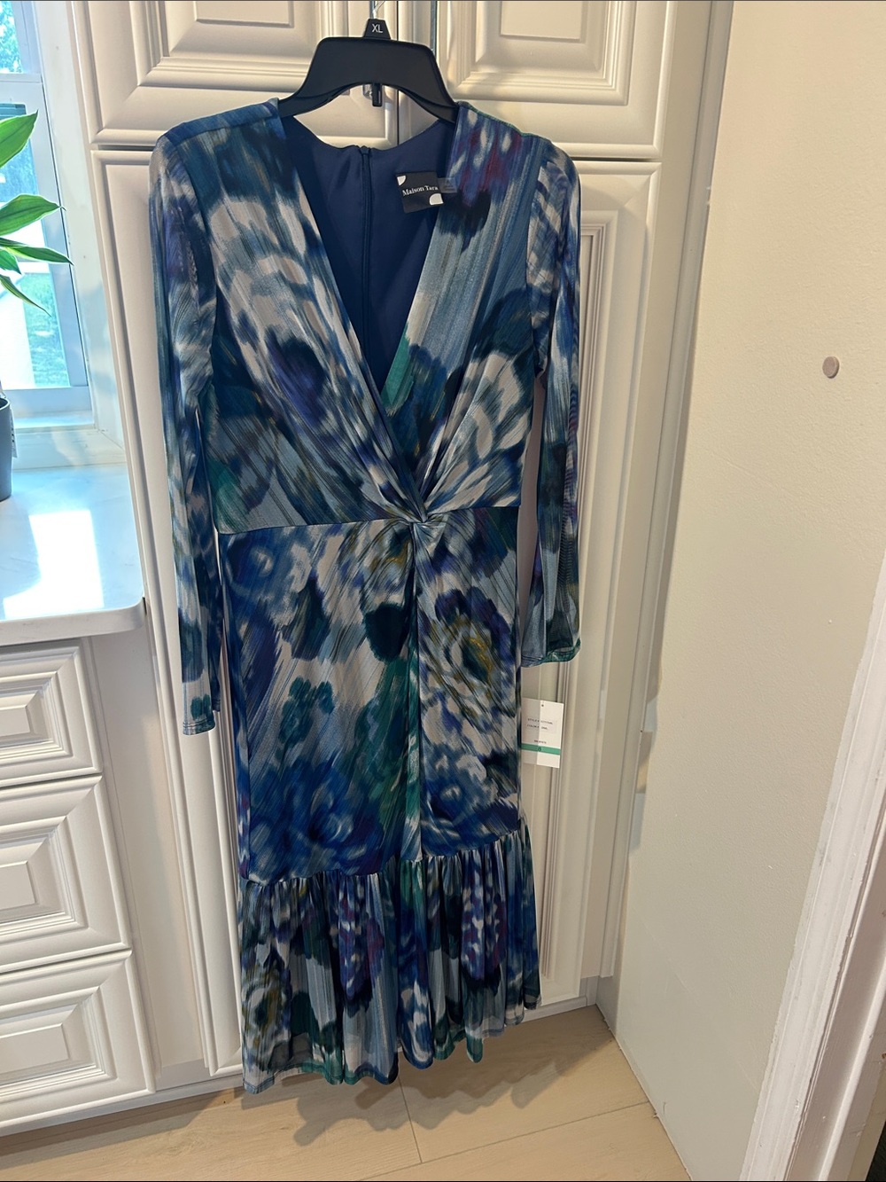 Maison Tara Blue Green Floral-Print Long Sleeve Midi Dress